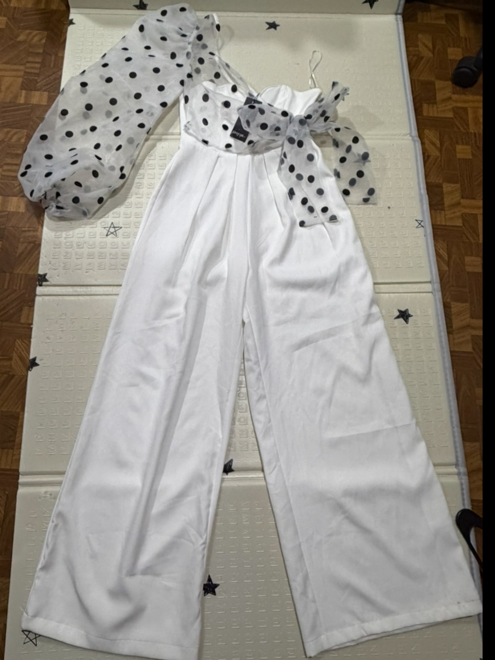 Nasty Gal White Jumpsuit with Black Polka Dot Sheer Puff Sleeves